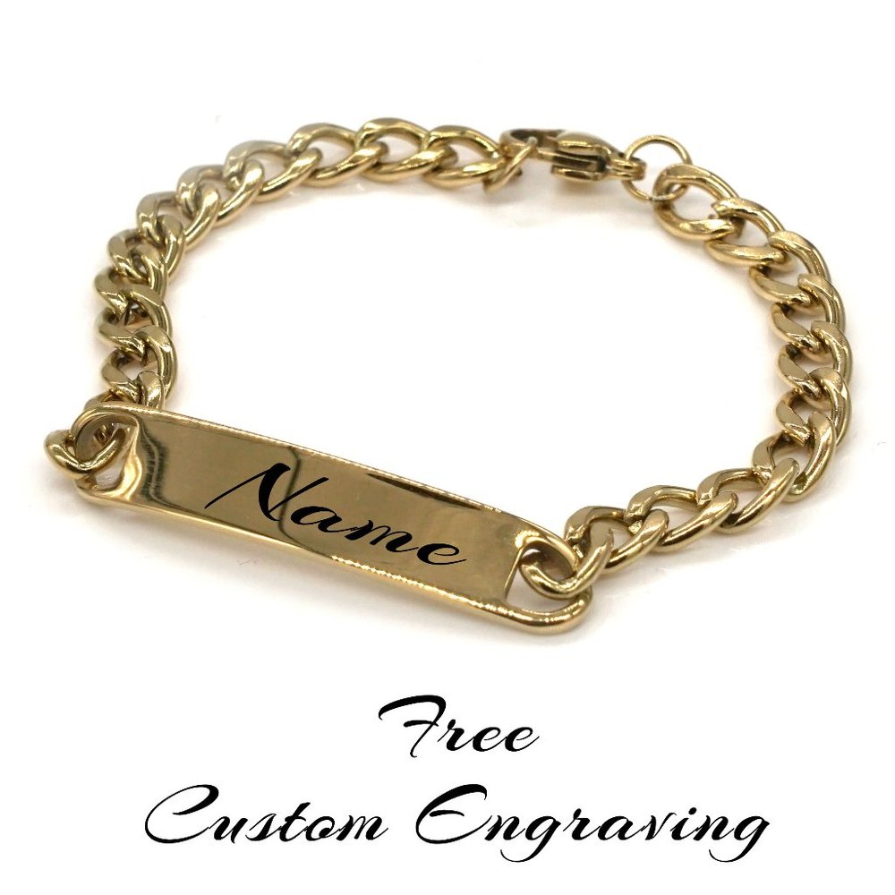 Gold plated bracelet with personalized name plate.